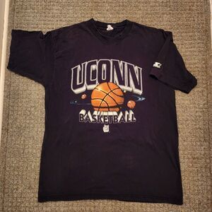 Vintage Starter UCONN Huskies Basketball Shirt Sz Lrge USA 100% Cotton Navy Blue